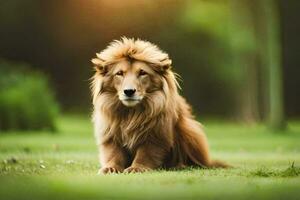 une Lion séance sur le herbe. généré par ai photo