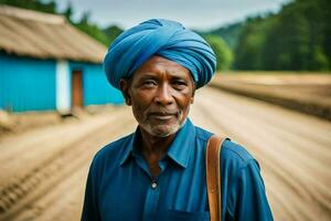 une homme dans une turban des stands dans de face de une bleu maison. généré par ai photo