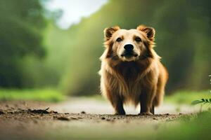 une chien est permanent sur une saleté route dans le les bois. généré par ai photo