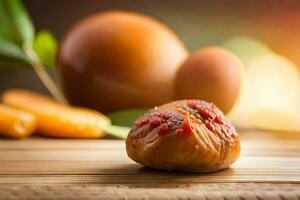 une pièce de fruit et un Oeuf sur une tableau. généré par ai photo