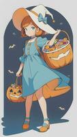 en train de préparer pour Halloween une mignonne Jeune fille et le sien citrouille dans anime style avec Facile Contexte photo