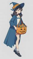 en train de préparer pour Halloween une mignonne Jeune fille et le sien citrouille dans anime style avec Facile Contexte photo