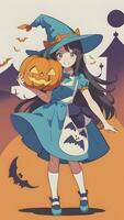 en train de préparer pour Halloween une mignonne Jeune fille et le sien citrouille dans anime style avec Facile Contexte photo