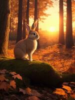 ai génératif lapin dans le le coucher du soleil forêt photo