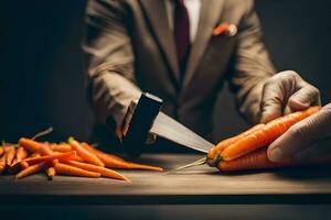 une homme dans une costume est Coupe carottes avec une couteau. généré par ai photo