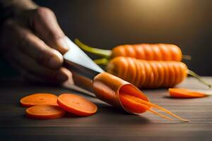 une la personne est Coupe carottes avec une couteau. généré par ai photo