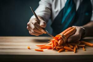 une homme est Coupe carottes avec une couteau. généré par ai photo