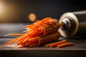 carottes sur une en bois table avec une bouteille de moutarde. généré par ai photo