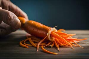 une la personne est Coupe une carotte avec une couteau. généré par ai photo