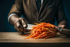 une homme dans une costume est Coupe carottes avec une couteau. généré par ai photo