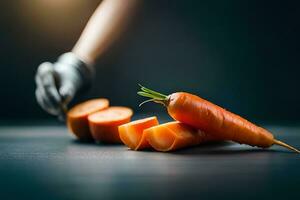 une la personne est en portant une couteau et Coupe en haut une carotte. généré par ai photo