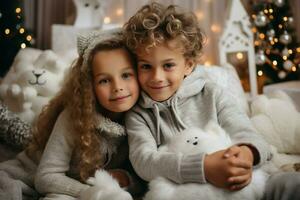 mignonne les enfants prendre selfie dans décoration Noël intérieur. produire ai photo