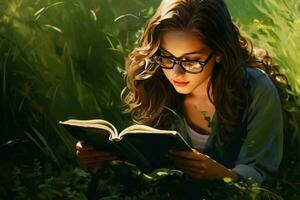 mignonne fille en train de lire livre dans lunettes sur vert herbe. produire ai photo