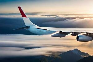 un avion en volant plus de des nuages avec le Soleil dans le Contexte. généré par ai photo