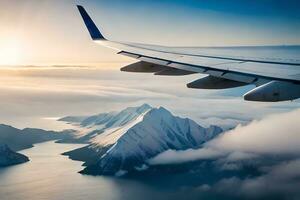 un avion aile en volant plus de montagnes et l'eau. généré par ai photo