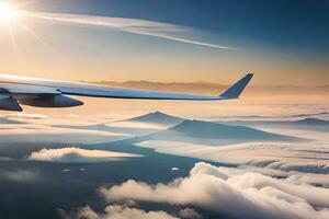 un avion aile en volant plus de le des nuages. généré par ai photo