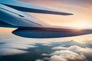 une vue de le aile de un avion en volant plus de des nuages. généré par ai photo