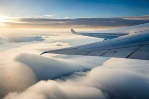 un avion aile est vu en volant plus de des nuages. généré par ai photo