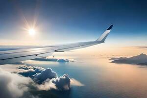 un avion aile en volant plus de le océan et des nuages. généré par ai photo