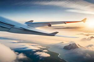 un avion en volant plus de le des nuages avec le Soleil dans le Contexte. généré par ai photo