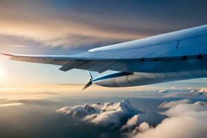 une vue de un avion aile en volant plus de le des nuages. généré par ai photo