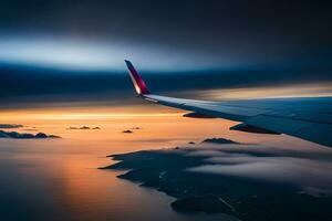 un avion aile est vu en volant plus de le océan à le coucher du soleil. généré par ai photo