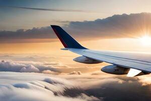 un avion aile en volant plus de des nuages à le coucher du soleil. généré par ai photo