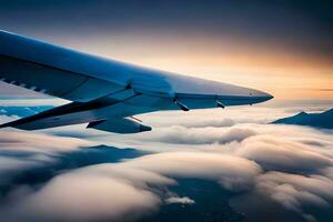 un avion aile est en volant plus de le des nuages. généré par ai photo