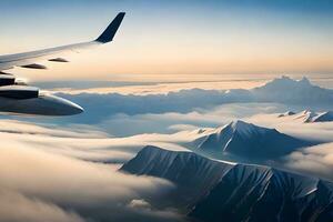 un avion en volant plus de montagnes et des nuages. généré par ai photo