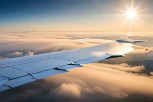 un avion aile en volant plus de des nuages à le coucher du soleil. généré par ai photo