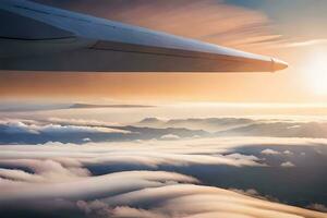 une vue de le aile de un avion comme il mouches plus de des nuages. généré par ai photo