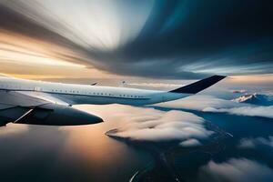 un avion en volant plus de des nuages à le coucher du soleil. généré par ai photo