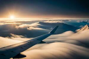un avion aile en volant plus de des nuages et montagnes. généré par ai photo
