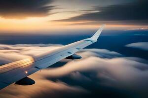 un avion aile est vu en volant au dessus le des nuages. généré par ai photo