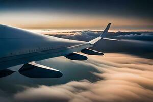 un avion en volant plus de des nuages avec le Soleil dans le Contexte. généré par ai photo