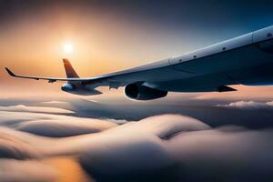 un avion en volant plus de des nuages à le coucher du soleil. généré par ai photo