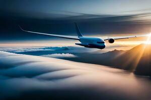 une grand avion en volant plus de le des nuages à le coucher du soleil. généré par ai photo