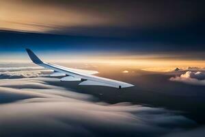 un avion en volant au dessus des nuages à le coucher du soleil. généré par ai photo