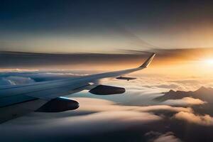 un avion aile est en volant plus de des nuages à le coucher du soleil. généré par ai photo