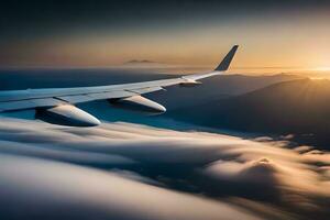 un avion aile en volant plus de des nuages à le coucher du soleil. généré par ai photo