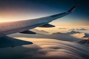 un avion aile en volant plus de le des nuages. généré par ai photo