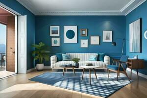 une bleu vivant pièce avec une blanc canapé et bleu des murs. généré par ai photo