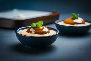 deux petit boules avec dessert dans eux. généré par ai photo