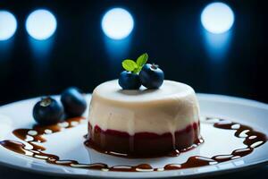 une dessert avec myrtilles sur une blanc plaque. généré par ai photo