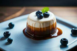 une dessert avec myrtilles et caramel sur une plaque. généré par ai photo