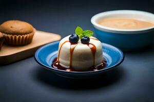 une dessert avec myrtilles et une tasse de café. généré par ai photo