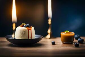 une dessert avec caramel et myrtilles sur une en bois tableau. généré par ai photo