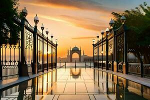 le le coucher du soleil est réfléchi dans le l'eau à le fin de une passerelle. généré par ai photo