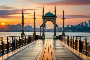 le Soleil ensembles plus de une pont avec une mosquée dans le Contexte. généré par ai photo