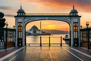 le Soleil ensembles plus de le l'eau et une pont. généré par ai photo